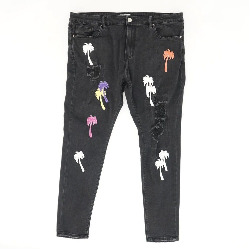 Crysp Decibel Denim Jeans Palm Tree patches Size 40 Inseam 31 Solid Black